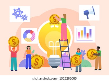 Startup crowd funding concept. Group of people stand with coins near big idea bulb. Poster for social media, web page, banner, presentation. Flat design vector illustration