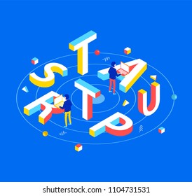 Startup design concept. Startup 3d word lettering typography with office workers and computers. Flat 3d isometric style. Isometric design for business banner. Vector illustration.