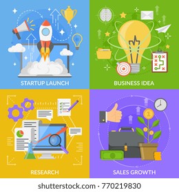 Startup design concept with project launch, business idea, marketing research, sales growth isolated vector illustration