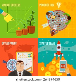 Startup design concept set with market success product idea development team flat icons isolated vector illustration