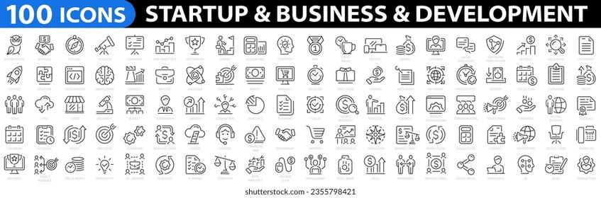 Startup and development 100 icon set.Business 100 icon set. Outline icons collection. Vector illustration