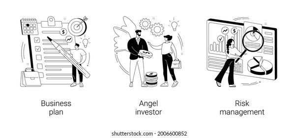 Startup development abstract concept vector illustration set. Business plan, angel investor, risk management, entrepreneur, fundraising and online crowdfunding, investment capital abstract metaphor.