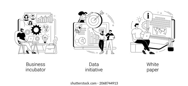 Startup development abstract concept vector illustration set. Business incubator, data initiative, white paper, ICO investment document, new product launch, open platform abstract metaphor.