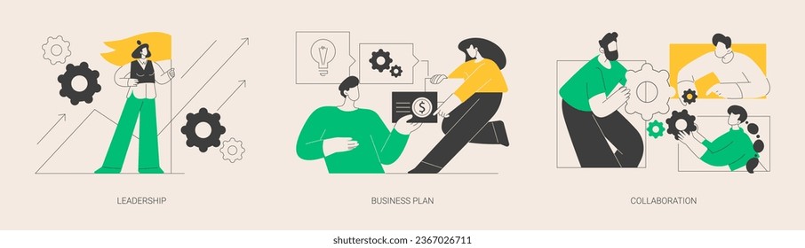 Startup development abstract concept vector illustration set. Leadership and business plan, collaboration, mutual assistance, managing skills, effective communication, entrepreneur abstract metaphor.