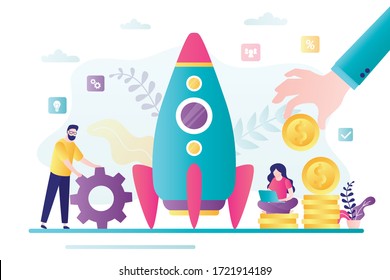  Concepto de desarrollo de inicio. Grupo de empresarios crean nuevos negocios. Invertir en nuevas empresas. El cohete se prepara para su lanzamiento. Trabajo en equipo e intercambio de ideas. Ilustración vectorial de estilo moderno.
