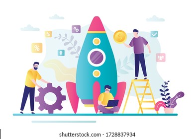 Concepto de desarrollo de inicio. Grupo de empresarios crean nuevos negocios. Invertir en nueva empresa. Cohetes preparándose para el lanzamiento. Trabajo en equipo y lluvia de ideas. Ilustración vectorial de estilo moderno