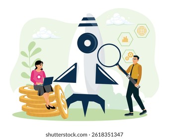 Startup development concept. A group of businessmen launches a new business and economic growth. Flat vector illustration.