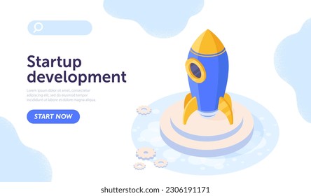 Startup development concept. Rocket launch. Metaphor for business ideas and insights. Entrepreneurship and innovation. landing page design. Cartoon isometric vector illustration