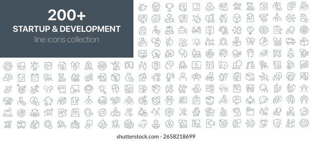Colección de iconos de inicio y desarrollo que ilustra la innovación, el espíritu empresarial, el crecimiento empresarial, el trabajo en equipo, la generación de ideas y los procesos productivos en el diseño lineal moderno