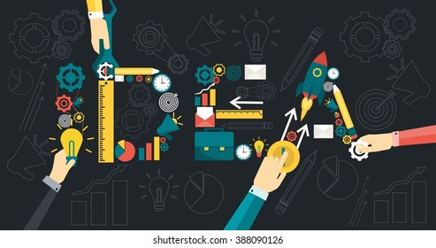Start-up development ideas. The process of creation of business icons. Trendy flat style. Vector illustration