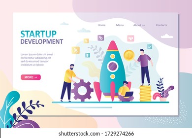 Startup development landing page template. Group of business people create new business. Investing in new company. Rocket getting ready to launch. Teamwork, brainstorming concept. Vector illustration
