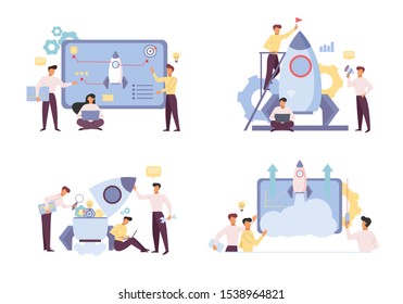 Startup development, launch flat vector illustrations set. Creative team, colleagues working together cartoon characters. Innovative business project management. Marketing strategy planning