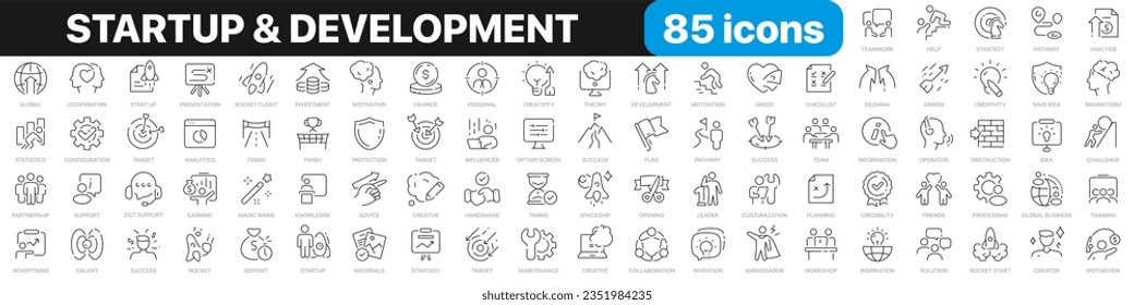 Startup and development line icons collection. Business, concept, strategy, vision, rocket icons. UI icon set. Thin outline icons pack. Vector illustration EPS10
