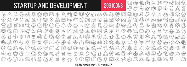 Startup and development linear icons collection. Big set of 299 thin line icons in black. Vector illustration