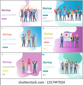 Startup Development Of New Business Project Vector. People With Presentation, Success And Achievement Of Goals, Launching Of Flying Rocket. Website Or Webpage Template, Landing Page Flat Style