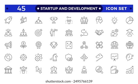  Startup and development outline icons set. Start up symbols collection. Launch, development, investment, innovation. Line icons related to project, startup, management, business. 
