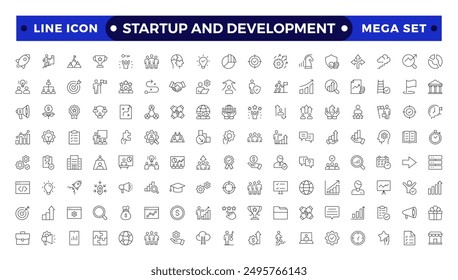  Conjunto de iconos de esquema de inicio y desarrollo. Iniciar la colección de símbolos. Lanzamiento, desarrollo, inversión, innovación. Iconos de línea relacionados con el proyecto, inicio, gestión, negocio. 
