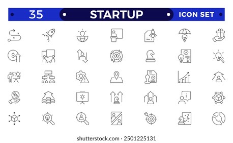  Startup and development outline icons set. Start up symbols collection. Launch, development, investment, innovation. Line icons related to project, startup, management, business. 
