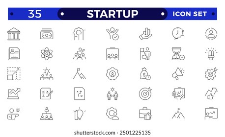  Conjunto de iconos de esquema de inicio y desarrollo. Inicie la colección de símbolos. Lanzamiento, desarrollo, inversión, innovación. Iconos de línea relacionados con el proyecto, inicio, gestión, negocios. 
