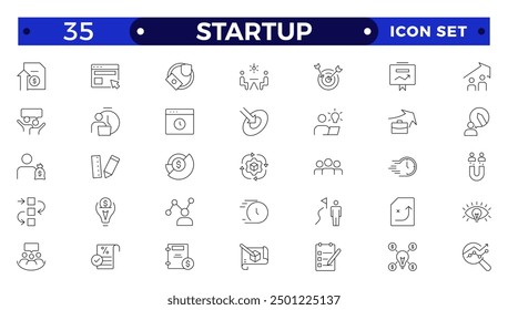  Startup and development outline icons set. Start up symbols collection. Launch, development, investment, innovation. Line icons related to project, startup, management, business. 
