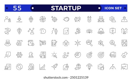  Startup and development outline icons set. Start up symbols collection. Launch, development, investment, innovation. Line icons related to project, startup, management, business. 
