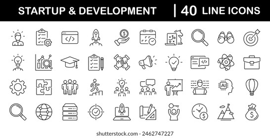 Conjunto de inicio y desarrollo de iconos web en estilo de línea. Iconos de desarrollo para Web y App móvil. Conteniendo negocios, concepto, idea, estrategia, innovación, visión, marketing, puesta en marcha y más