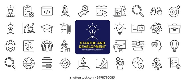 Startup and development set of web icons in line style. Development icons for web and mobile app. Containing Business, concept, idea, strategy, innovation, vision, marketing, startup and more