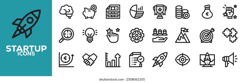 Startup and development set of web icons in line style. Development icons for web and mobile app. Containing Business, concept, idea, strategy, innovation, vision, marketing, startup and more