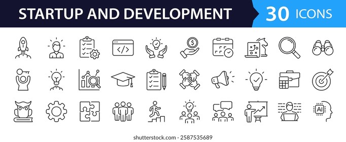 Startup and development set of web icons in line style. Development icons for web and mobile app. Containing Business, concept, idea, strategy, innovation, vision, marketing, startup and more
