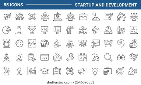 Startup and development set of web icons in line style. Development icons for web and mobile app. Containing Business, concept, idea, strategy, innovation, vision, marketing, startup and more