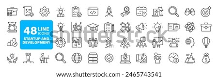 Startup and development set of web icons in line style. Development icons for web and mobile app. Containing Business, concept, idea, strategy, innovation, vision, marketing, startup and more