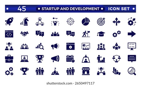 Startup and development solid icons set. Start-up symbols collection. Launch, development, investment, innovation. Solid icons related to project, startup, management, and business. 
