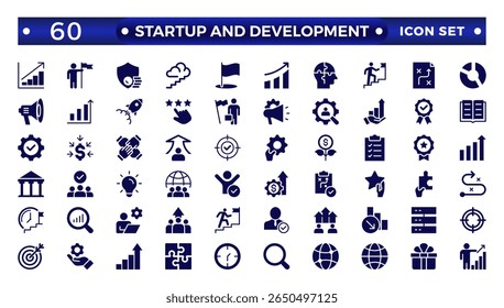 Startup and development solid icons set. Start-up symbols collection. Launch, development, investment, innovation. Solid icons related to project, startup, management, and business. 
