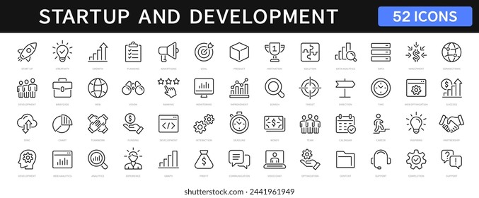 Startup and development thin line icons set. Development editable stroke icon. Start up symbols collection. Vector illustration