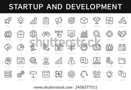Startup and development thin line icons set. Development editable stroke icon. Start up symbols collection. Vector illustration