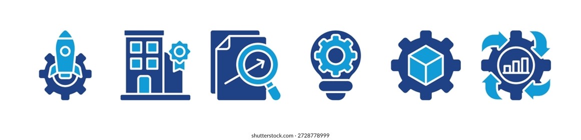 Startup-Entwicklung Web-Banner Symbol Vektorgrafik-Konzept mit Start-up-Start, Unternehmens-Branding, Forschung, Innovation, Produktion und Entwicklung Symbole.
