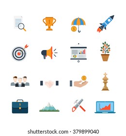 Startup digital marketing strategy app application software interface icon set. Spaceship rocket launch money tree investment target megaphone report business. Flat style web site vector illustration.