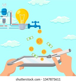 Startup Digital Monetization Scheme Illustration. Business Development, Profit Growth, Internet Trading. Idea to Money Transformation Mechanism. Public Service, Utilities Flat Color Drawing