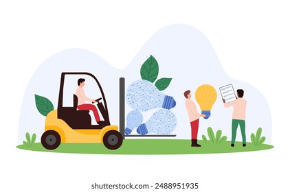 IT startup, digital smart science innovation, futuristic idea research. Tiny people carry light bulbs with microchips inside on forklift, new creative solution engineering cartoon vector illustration