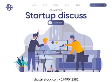 Startup discuss landing page with header. Partners discussing project, startup team collaboration and work with analytics in office scene. Coworking and teamwork situation flat vector illustration