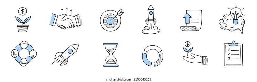 Startup doodle icons with rocket, idea sign, target, handshake and plant with money. Vector hand drawn set of symbols of start up, business strategy, finance growth and launch