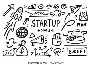 Juego de vectores del doodle de inicio. Esbozar los iconos de la estrategia comercial del esquema. Silueta de elementos de dibujo. Ilustración del vector