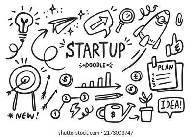 Startup doodle vector set. Sketch outline business strategy icons. Drawing element silhouette. Vector illustration