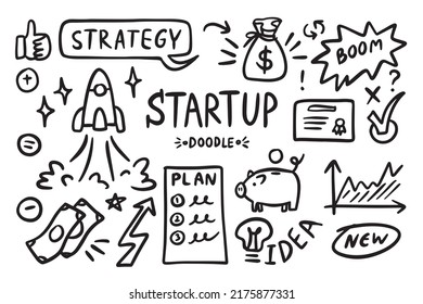 Startup doodle vector set. Sketch outline business strategy icons. Drawing element silhouette. Vector illustration