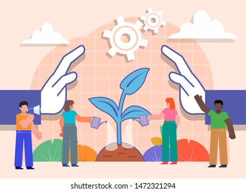 Startup, ecological, environment care concept. Group of people watering plant. Flat design vector illustration. Poster for social media, web page, banner, presentation