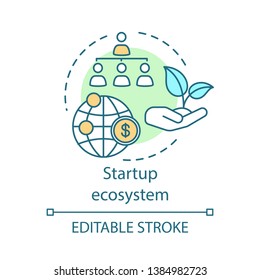 Startup ecosystem concept icon. Environmental organizations financing. Young business support system idea thin line illustration. Vector isolated outline drawing. Editable stroke