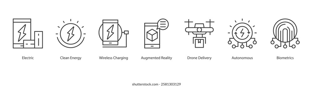 Startup Ecosystems Outline Icon Sheet Augmented Reality, Electric, Clean Energy, Wireless Charging, Drone Delivery, Autonomous, Biometrics