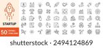 Startup editable stroke outline web icons set. Startup, project, idea, business, brainstorm, contract, innovation, investment, funding, plan and shareholder. Vector illustration