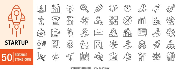 Conjunto de iconos web de contorno de trazo editable de inicio. Startup, proyecto, idea, negocio, lluvia de ideas, contrato, innovación, inversión, financiación, Plan y accionista. Ilustración vectorial