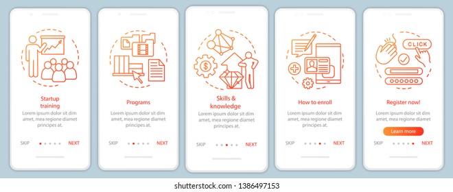 Startup education onboarding mobile app page screen with linear concepts. Business skills improvement walkthrough steps graphic instructions. UX, UI, GUI vector template with illustrations